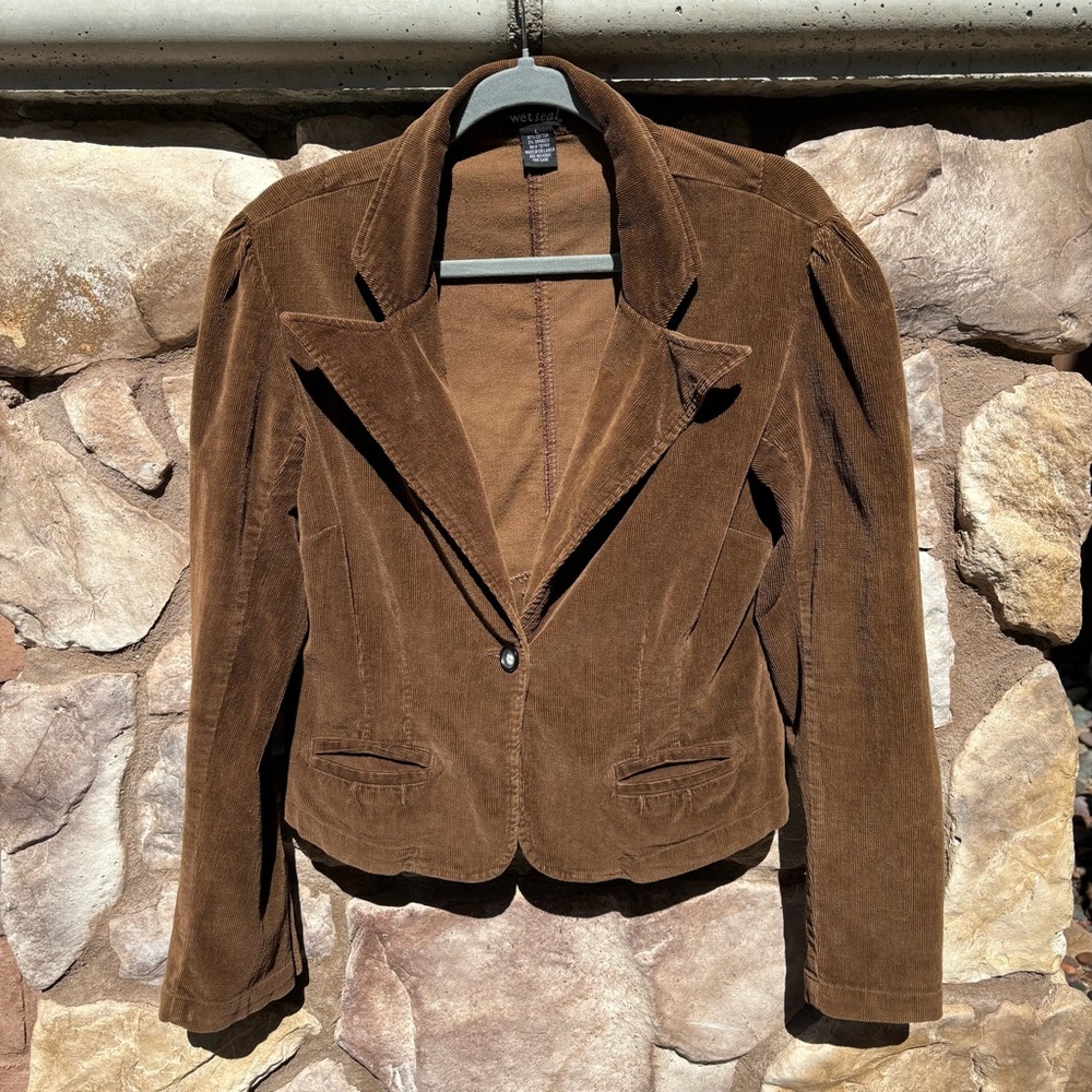 Wet Seal Corduroy Brown Blazer Jacket One Button Puff Sleeve Large Y2K